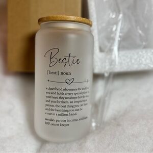 NIB BESTIES Frosted Glass Cup Wood Lid & Straw! Perfect Christmas Gift Idea